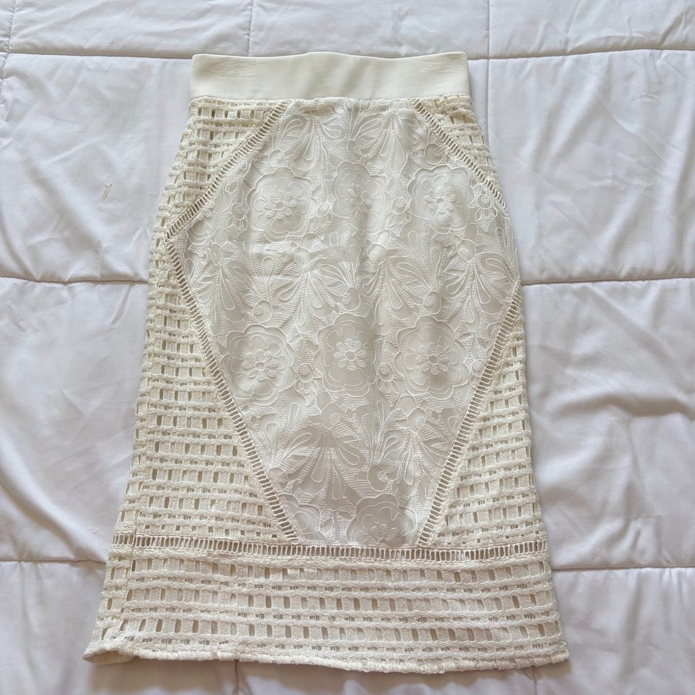 Cream Lace Crochet Midi Pencil Skirt Floral Off White Medium Cottagecore Luxury